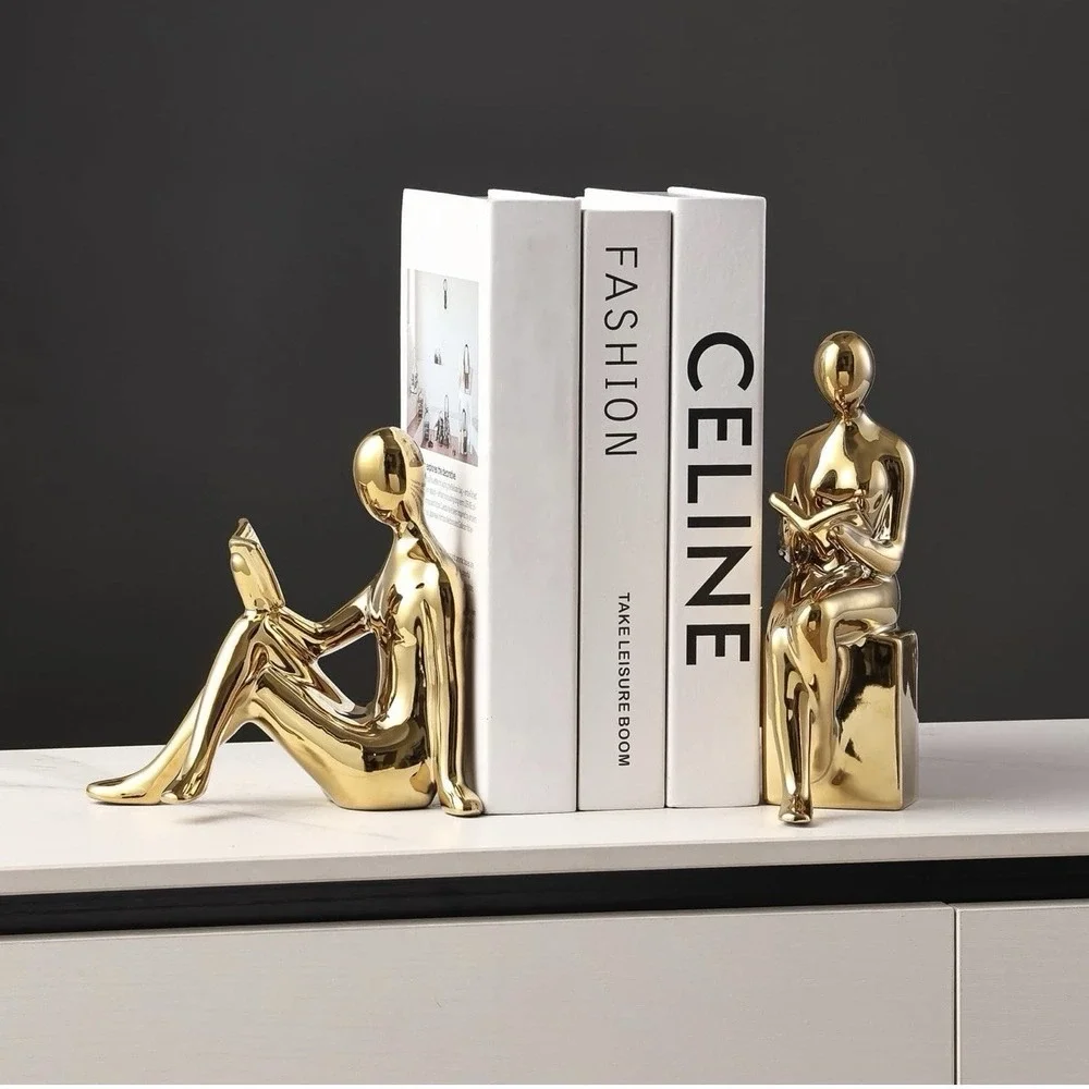 Ceramic Decorative Bookends, Book Ends for Shelves, Home Office Decor GOLD